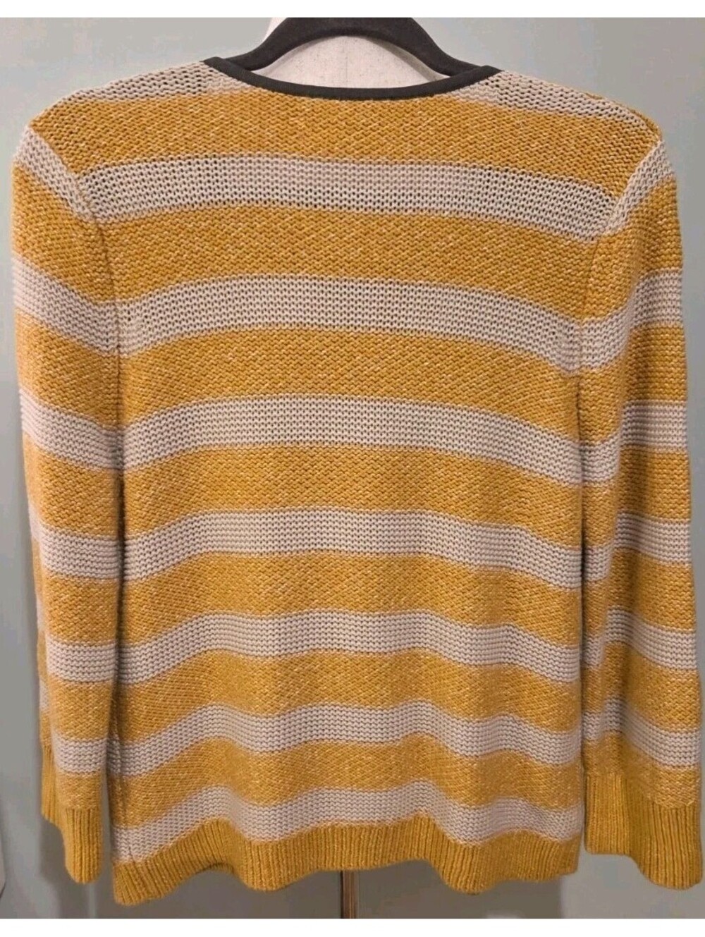 LOFT Large Double Breasted Round Neck Yellow Beige Striped Cardigan Band Sweater - Picture 5 of 5